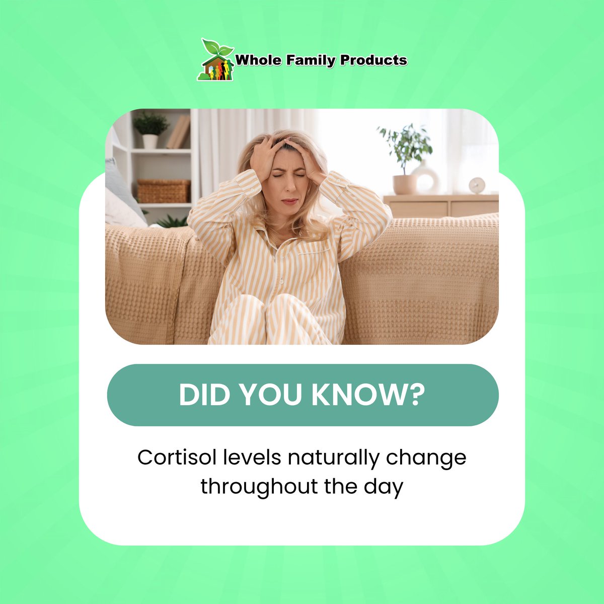 wholefamilyprod's tweet photo. Cortisol doesn't stay at the same level all day.
It typically peaks in the morning and gradually decreases throughout the day. This natural rhythm helps support energy and your body's response to daily demands.
#Cortisol #StressManagement #FunFact #WholeFamilyProducts https://t.co/Cv9IECBgYv