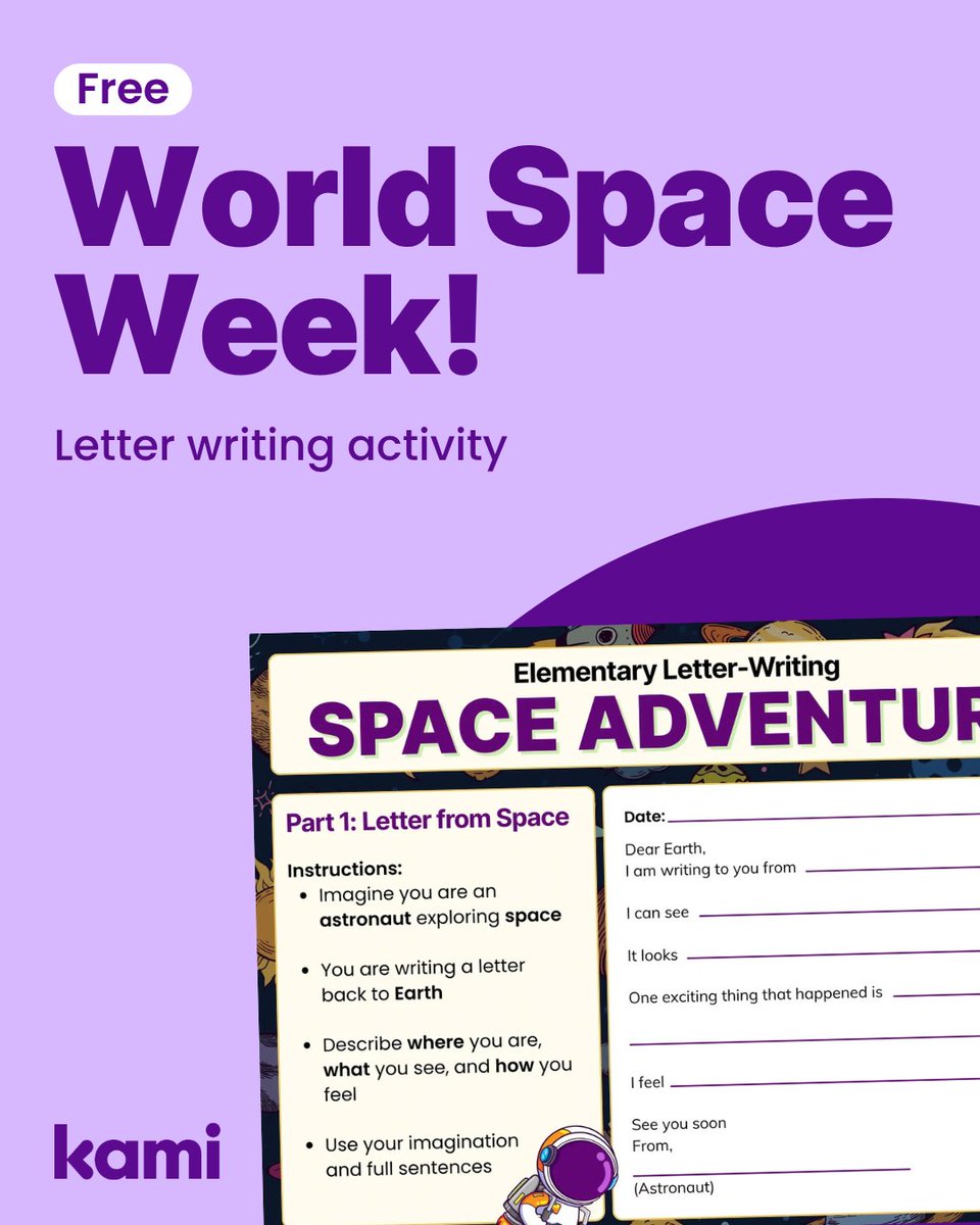 KamiApp's tweet photo. Space week is a good excuse to get students writing about something other than themselves. This elementary letter writing activity sends their imagination into orbit, and keeps the grammar practice grounded.

https://t.co/HAFKR49lLE https://t.co/VnsWoIRdvC