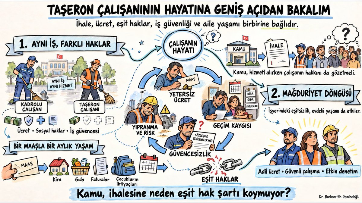 bdemircioglu's tweet photo. TAŞERON ÇALIŞANIN GELECEĞİ 
Bir çocuğun eğitimi yıllarla, bir evin borcu yıllarla, emeklilik hazırlığı yıllarla hesaplanır. Peki hayatını sözleşmesinin yenilenip yenilenmeyeceğine göre kuran taşeron çalışanı, geleceğini nasıl planlayacak?

“Seneye de burada olacak mıyım?” sorusu cevapsız kaldığında insan yalnızca harcamasını kısmaz. Kararlarını erteler. Sağlık ihtiyacını bekletir, çocuğuna vereceği sözü tartar, kendi hayallerini sonraya bırakır. Belirsizlik, zamanla ailenin ortak kaygısına dönüşür.

Üstelik bu çalışanlardan deneyim, dikkat, devamlılık ve sorumluluk beklenir. Hizmetin aksamaması istenir. İşin devamlılığı beklenirken, o işi yapan insanın geleceği neden belirsiz kalsın?

Mağduriyet tam da burada bir döngü oluşturur: Yetersiz gelir seçenekleri daraltır; daralan seçenekler çalışanın pazarlık gücünü zayıflatır. İşini kaybetme korkusu, hakkını dile getirmesini zorlaştırabilir. Böylece bugünü kurtarmak için katlanılan koşullar, yarını da kuşatır.

Kamunun hizmet değerlendirmesinde bu hayatların da bir karşılığı olmalıdır. Temizlenen koridor, yürütülen bakım, tamamlanan iş görünürken; bunları yapan kişinin sağlığı, mesleki birikimi ve geleceği de hesaba katılmalıdır. İhale bedelinin yanında, çalışanın hayatında oluşan bedel de görülmelidir.

Adil ücret, güvenli çalışma, eşit haklar ve iş güvencesi birlikte ele alındığında insan önünü görebilir. Ailesine söz verebilir. Emeğinin karşılığını bugün alırken yarınını da kurabilir.

Bir hizmetin kalitesini, onu sunan insanın hayatından ayrı düşünemeyiz. Çalışana yalnızca iş vermek yetmez; o işle bir gelecek kurabilmesini de gözetmek gerekir.
