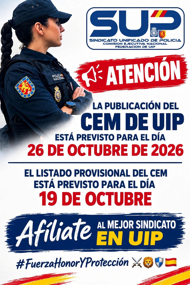 FuipSup's tweet photo. 🚨🚨🚨🚨🚨🚨🚨🚨🚨🚨

🗣️📢 Previsión de publicación del CEM de UIP y del listado provisional 2026

🚨🚨🚨🚨🚨🚨🚨🚨🚨🚨

📝 Afíliate al mejor sindicato en #UIP vente al @Sup_Policia :
➡️ https://t.co/EmHFs0591U

#FuerzaHonorYProtección⚔️🦁🛡️🇪🇸 https://t.co/7ZVRse6mkS