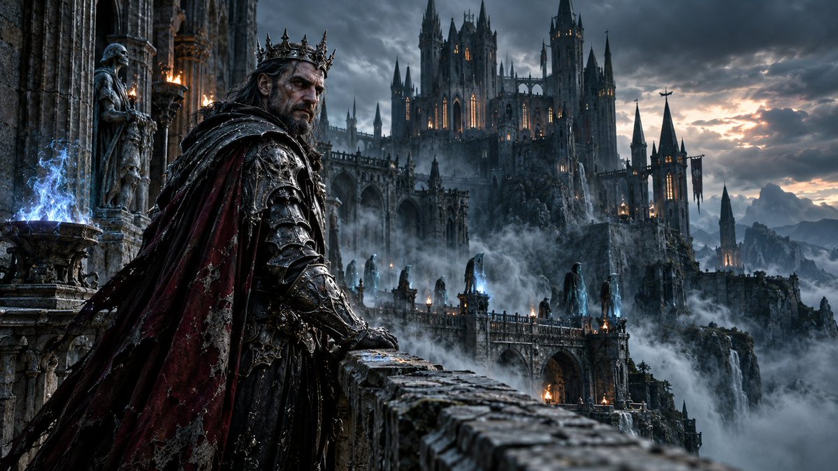Splinter737's tweet photo. Mist coils around the ramparts as the King of the Haunted Castle surveys his cursed domain, a monarch bound to shadow and flame. His crown gleams beneath ghost‑blue fire, his gaze heavy with centuries of sorrow and power.
#FantasyArt #EpicScene #DarkKing #CinematicMagic https://t.co/0s01FeEYzR
