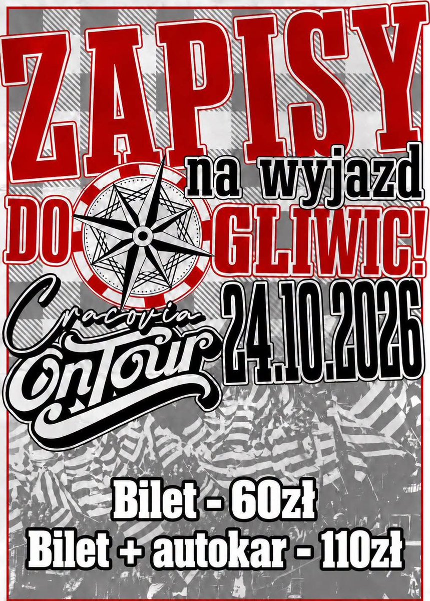 StowCP_1906's tweet photo. Wyjazd: GLIWICE! ⚽️⚪️🔴

📅 Data: 24.10.2026
⏰ Godzina: 12:15 
🎫 Bilet: 60 zł 
🚌 Bilet + Autokar: 110 zł 

Ruszamy z zapisami na mecz w Gliwicach!

W sobotę 24 października udamy się na kolejny mecz wyjazdowy. Blisko, szybko, nie potrzeba urlopu, wakacje się skończyły, zimno jeszcze nie jest, transport też do wyboru... Schowajmy wszystkie wymówki i zróbmy tam komplet! 

Będziecie mogli się zapisać:
- W przerwie meczów z Zagłębiem i Legią na sektorach D i B
- W K1 - Cracovia - Sklep kibiców Cracovii w godzinach otwarcia sklepu od dzisiaj do 22.10. 

‼️ UWAGA, na ten wyjazd NIE BĘDZIE ZAPISÓW ONLINE.
Jesteśmy w trakcie procesu tworzenia nowej strony i systemu zapisów - robimy wszystko, żeby jak najszybciej uruchomić opcje zapisów online, ale na ten wyjazd nie jest to jeszcze możliwe. 

Czasu do wyjazdu jest dużo, starujemy z zapisami na tyle wcześnie, żeby każdy znalazł czas aby się zapisać. Ale radzimy też zrobić to jak najszybciej, ponieważ biletów nie ma nieskończenie wiele 🙃

Niezależnie od wyników, pogody, planów - WSZYSCY DO GLIWIC! ⚪️🔴