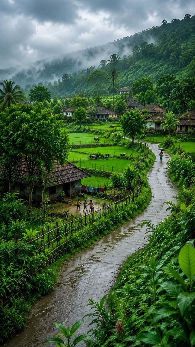 naturetherapyx's tweet photo. A rainy village road, green fields, foggy mountains... pure village life 🌧️💚 https://t.co/dbr5QVOVnZ