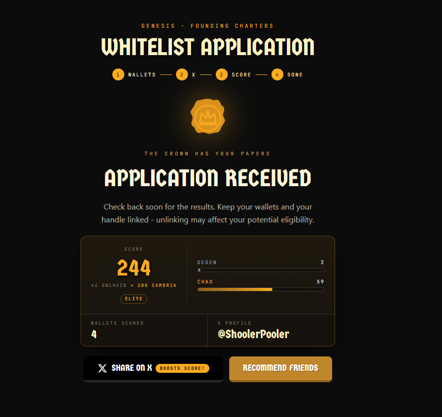 ShoolerPooler's tweet photo. I just applied for the @playcambria Genesis whitelist.

Score: 244 (44 + 200 Cambria) · Degen 2 · Chad 59

https://t.co/LoJ11wofLC https://t.co/bZEyd6s7Rc