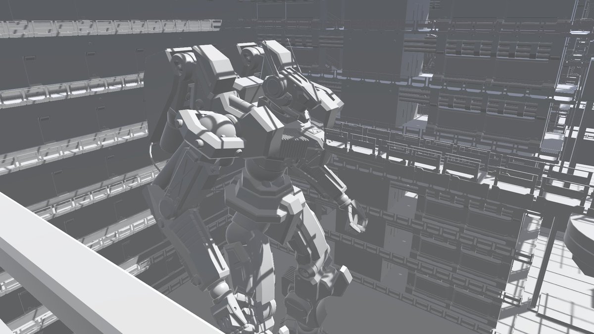 AscenderVRC's tweet photo. おおおおおおおおおおおおおテクスチャは無いですが、自作のロボット格納庫ワールド凄く良い感じです…！
＃VRC https://t.co/lBkVkoP7NV
