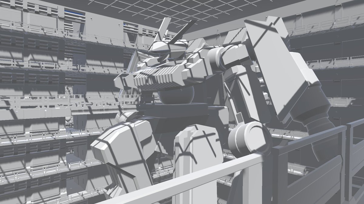 AscenderVRC's tweet photo. おおおおおおおおおおおおおテクスチャは無いですが、自作のロボット格納庫ワールド凄く良い感じです…！
＃VRC https://t.co/lBkVkoP7NV