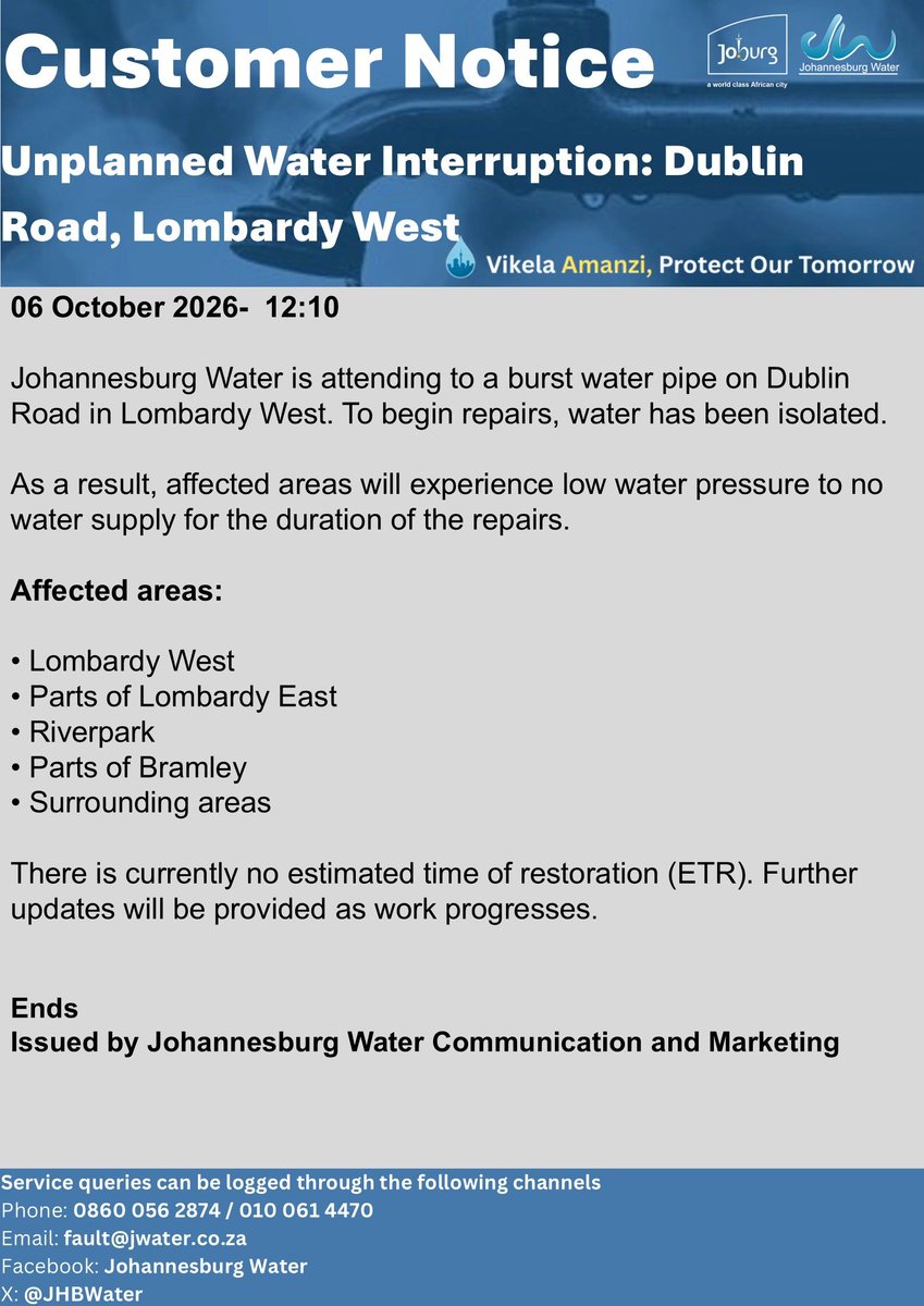 Official Johannesburg Water notice