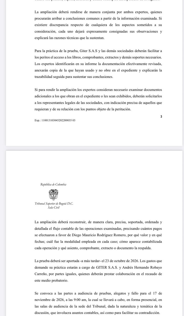 jairoparrac's tweet photo. PRUEBA PERICIAL. IMPORTANCIA DE VERIFICAR DIRECTAMENTE LAS FUENTES QUE SUSTENTAN EL DICTAMEN. TSB: El Tribunal decretó de oficio la ampliación de los dictámenes periciales después de que los expertos reconocieran, durante su contradicción, que no habían examinado directamente los libros de contabilidad relevantes para el análisis. Dispuso que revisaran conjuntamente los libros, soportes y extractos bancarios, contrastaran la información de las distintas sociedades y reconstruyeran la trazabilidad de los recursos y pagos discutidos en el proceso.

La providencia resulta relevante porque la audiencia de contradicción permitió advertir una falencia en el trabajo de los expertos que podía incidir en la solidez de sus conclusiones. A partir de allí, el Tribunal hizo uso de sus facultades oficiosas y ordenó completar el análisis, con identificación de los documentos efectivamente revisados y de los soportes de cada operación. Además, dispuso que cualquier diferencia entre los peritos debía quedar expresamente consignada y sustentada desde el punto de vista técnico.

En mi opinión, este último aspecto es el más interesante de la decisión. El Tribunal no se limitó a tomar la falta de examen directo de las fuentes como una razón para restarle mérito a los dictámenes. Antes de decidir, acudió a sus facultades oficiosas para ampliar la prueba y procurar superar las deficiencias advertidas durante su contradicción. Esto muestra una dimensión importante de esas facultades frente a la prueba pericial ya practicada. Si el juez encuentra vacíos o aspectos que necesitan mayor verificación, puede adoptar medidas para esclarecerlos, siempre, por supuesto, dentro de los límites de su iniciativa probatoria y sin sustituir las cargas que corresponden a las partes, conforme lo ha destacado la CSJ —⬇️⬇️—
