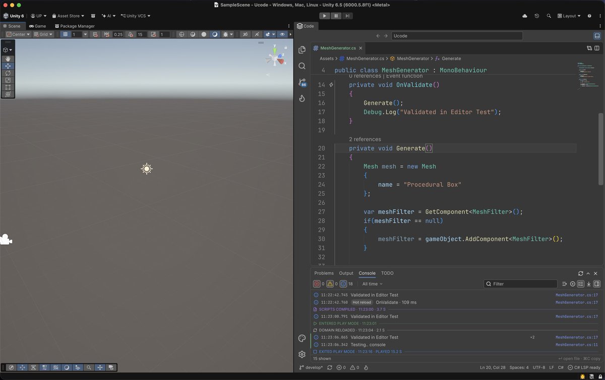 ugamesoft's tweet photo. I’ve got tired of alt-tabbing between Unity and my code editor all day, so I built a full code editor that lives inside the Unity Editor.

It’s called Ucode. It docks next to your Scene view like any other Unity tab.

Not a text box with syntax colours: real C# IntelliSense, Git, search, a command palette, themes and hot-reload.

Here’s what it does, and why it isn’t just another VS Code or Rider 🧵￼
