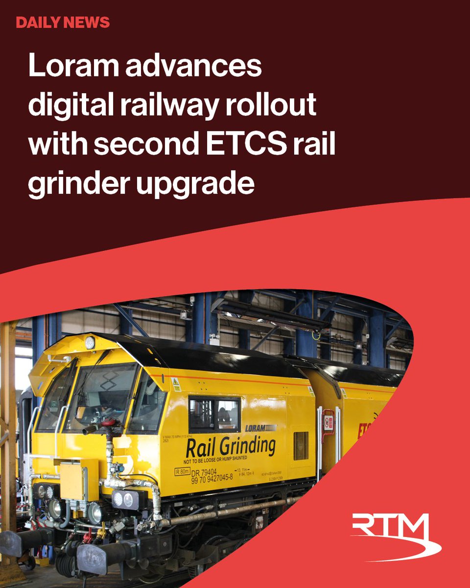 thertmnews's tweet photo. 🚆 Loram has started fitting #ETCS digital signalling to a second C44 Rail Grinder, bringing the UK railway one step closer to a fully digital future.

🔧 The upgrade could help transform how on-track machines operate on the digitally signalled East Coast Main Line.

More 👇
https://t.co/1GgQKNKvFS

#Railway #DigitalRailway #EastCoastMainLine #RailTech #Infrastructure #NetworkRail