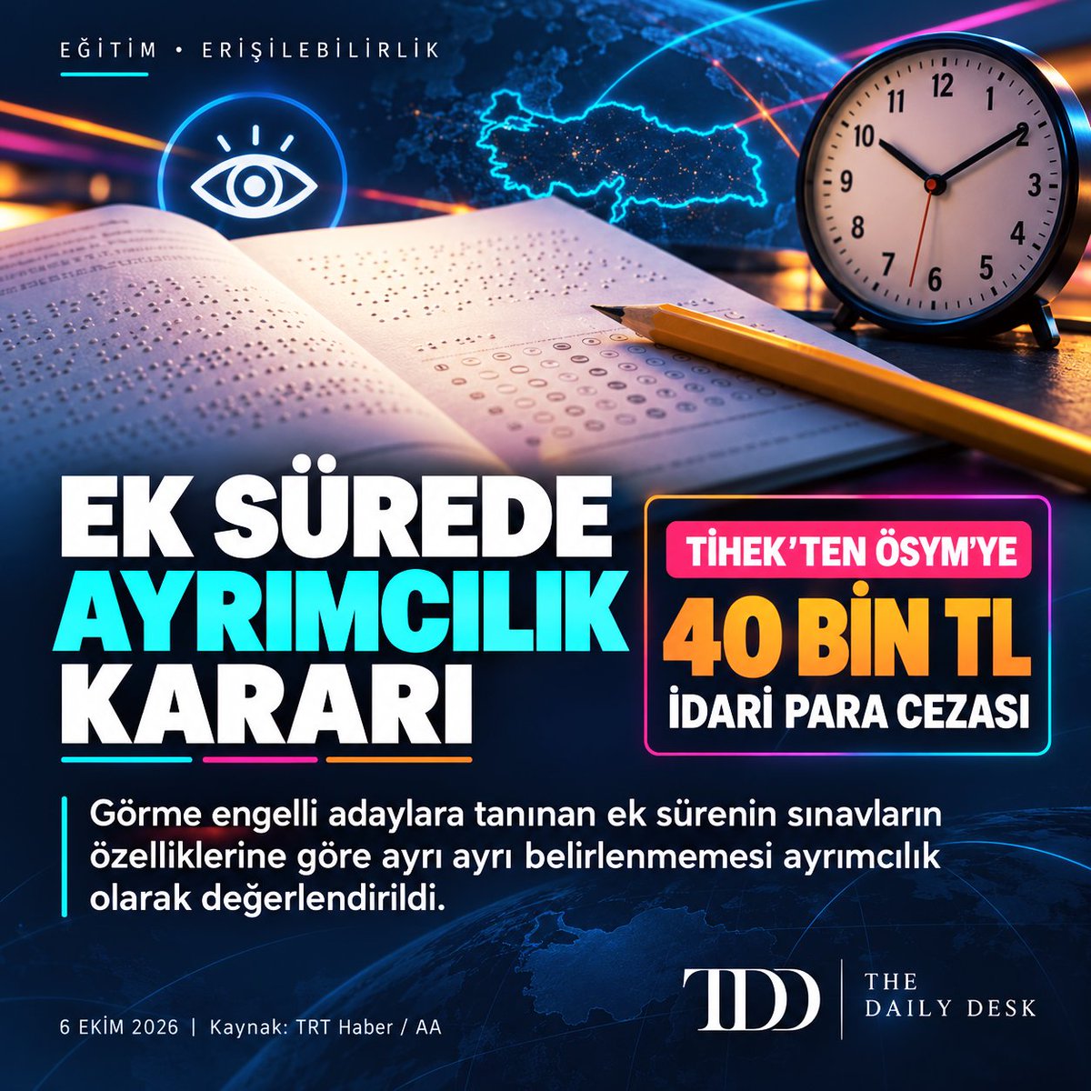 TheDailyD3sk's tweet photo. 🚨 ÖSYM'ye Ayrımcılık Cezası!

📝 TİHEK, görme engelli adaylara verilen ek sürenin sınavların özelliklerine göre ayrı ayrı belirlenmemesini ayrımcılık olarak değerlendirdi. 

Kurum, ÖSYM’ye 40 bin TL idari para cezası uygulanmasına karar verdi. (Kaynak: TRT Haber)

#ÖSYM #Eğitim #Erişilebilirlik #TİHEK