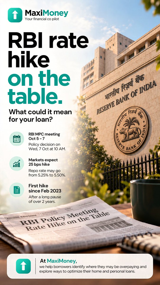 maxi_moneyapp's tweet photo. 🚨 RBI rate decision is due Wednesday at 10 AM.

Markets are widely expecting a 25-bps repo-rate hike, taking the repo rate from 5.25% to 5.50% — the first hike since Feb 2023.

But what does it mean for your loan? https://t.co/er5zX6DQ2I