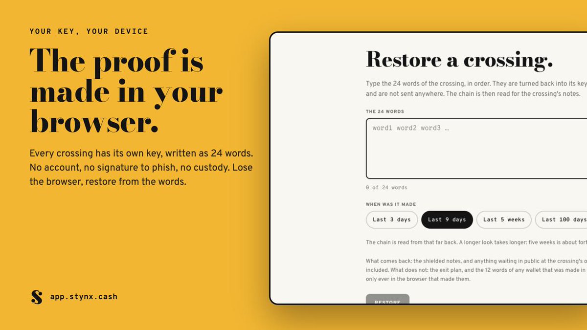 stynxcash's tweet photo. No account. No custody. No signature to phish.

Every crossing gets its own key, written as 24 words, and the zero-knowledge proof is built in your browser. Lose the browser, type the words on Restore, and the chain gives your funds back.

https://t.co/ixE9sNFeNR https://t.co/Ym6PIZCaU9