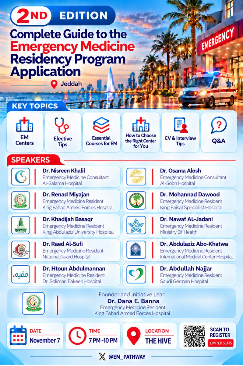 EM_PATHWAY's tweet photo. You asked, and we listened! 🚨

We’re excited to announce the 2nd Edition of the Complete Guide to the Emergency Medicine Residency Program Application!

Hear directly from representatives of Jeddah’s Emergency Medicine training centers and gain valuable insights to help you navigate your residency application journey.

🚨 Limited seats — register now! 🚨