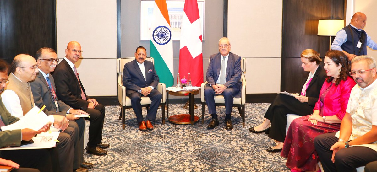 DrJitendraSingh's tweet photo. With President of the #Swiss Confederation, Guy Parmelin, currently on India visit, held a bilateral meeting, with discussions focused on further strengthening the longstanding India- #Switzerland partnership in science, technology, research and innovation. Reference also came up of the highly fruitful meeting that President Guy Parmelin had with Prime Minister Sh @narendramodi on the first day of his visit yesterday.

The delegations from the two sides also joined.  Letter of Intent between the Swiss National Science Foundation (SNSF) and the Department of Science & Technology (DST), and the Implementation Agreement between the Zurich University of Applied Sciences (ZHAW) and DST have been finalised.

The Swiss side was highly appreciative of India’s expanding S&T priorities in biotechnology, vaccine development, genome sequencing, quantum technology, space and deep ocean research, as well as the emerging opportunities in  blue economy and bio-economy. The cordial relationship between India and Switzerland makes it easier for the two countries to collaborate at different levels for a sustained engagement in areas of mutual interest.

@ParmelinG