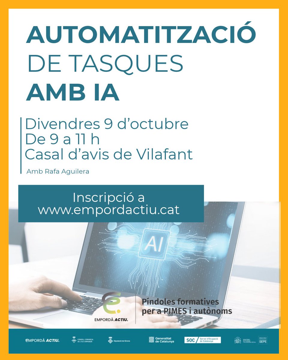AjVilafant's tweet photo. Com treure-li tot el suc a la IA per millorar el teu negoci?
A #Vilafant estrenem el cicle de píndoles formatives per a PIMES i autònoms.
En aquesta primera servirà per aprendre automatitzar les tasques repetitives del teu negoci amb la IA. https://t.co/pJqfE6gzHh