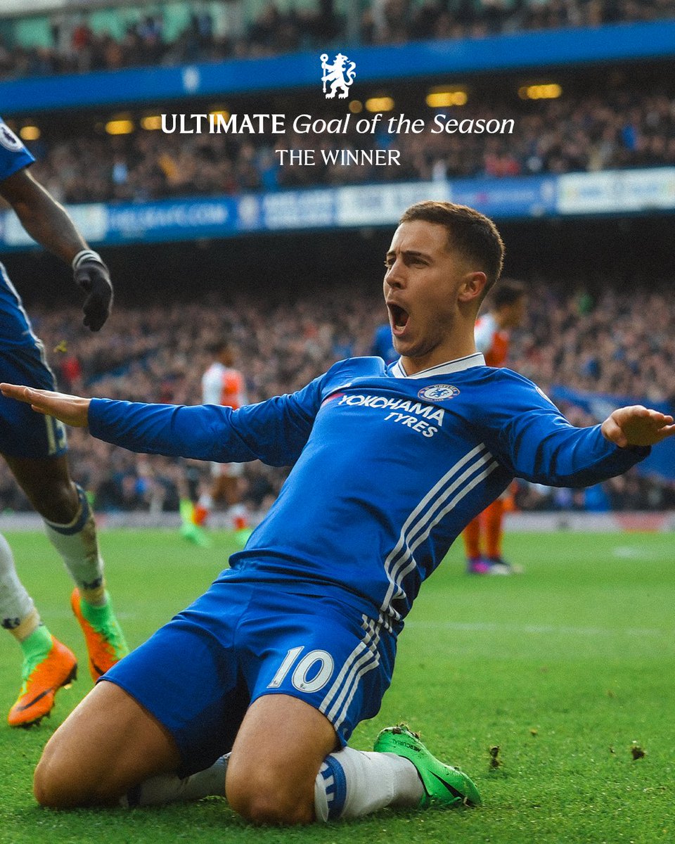 ChelseaFC's tweet photo. Eden Hazard’s strike against Arsenal has been voted Chelsea’s Ultimate Goal of the Season! 💫