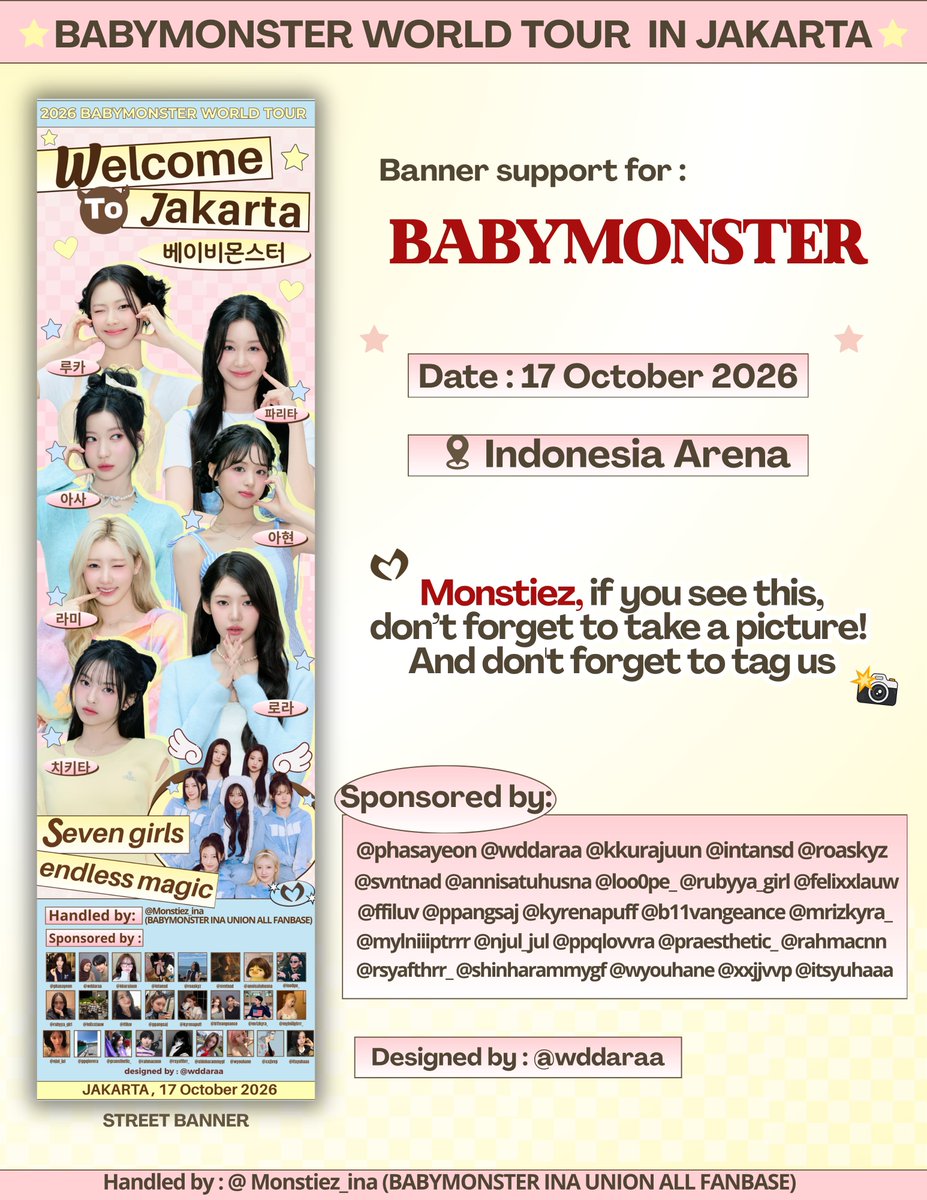 xxjjvvp's tweet photo. ୨୧ ‧₊˚ BABYMONSTER WORLD TOUR [CHOOM] IN JAKARTA ‧₊˚ ୨୧

MONSTIEZ, LOOK UP! 👀

BABYMONSTER IS COMING TO JAKARTA! 🇮🇩😈

Spot our special street banner around Indonesia Arena! 📸
Don’t forget to take a pic, tag us &amp; share!

Let’s fill Jakarta with BABYMONSTER love! 💗 https://t.co/nWmyW2Q9VP