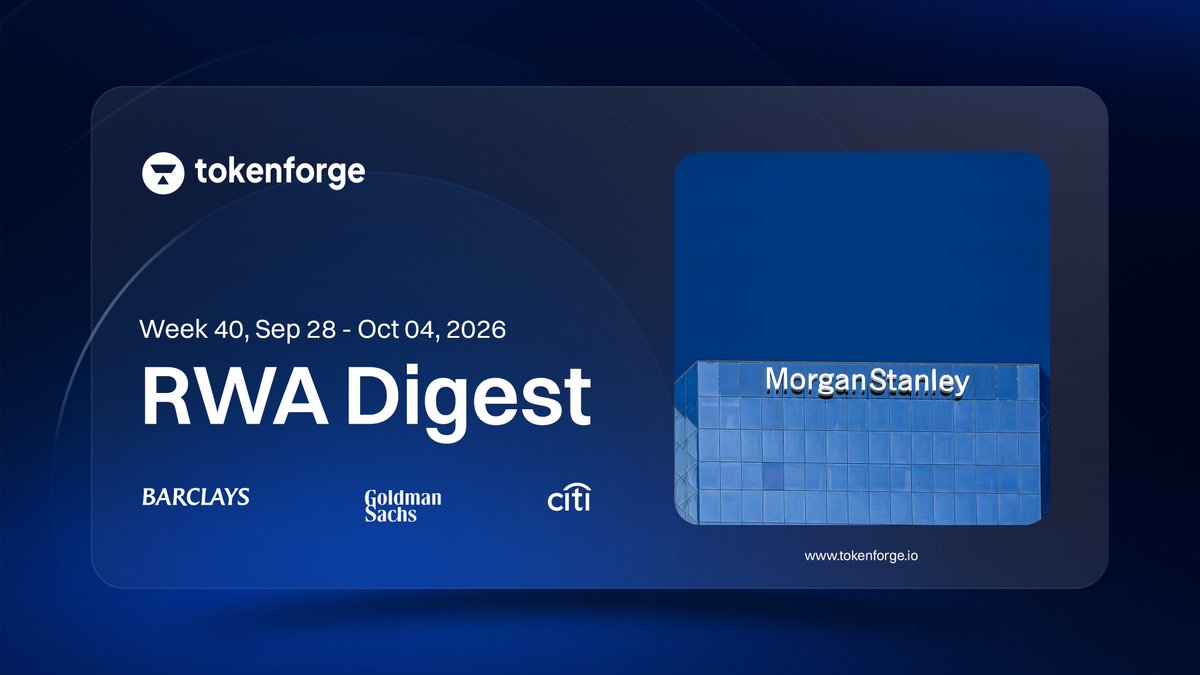 tokenforge's tweet photo. TKFG RWA Digest (Week 40, Sep 28 – Oct 04, 2026)

Europe's first regulated tokenized securities venue joined Circle's Arc. Baillie Gifford opened its tokenized bond fund across four markets. Seven more banks joined BIS Project Agorá. ANZ completed the first live cross-border corporate treasury payment on Swift's blockchain. The tokenized financial system is being built everywhere at once.

1. 21X and Circle Collaborate on Arc for Tokenized Securities in EU and US

21x Group, operator of the EU's first fully regulated tokenized securities venue, joined @circle's Arc as a Day-1 partner. Atomic delivery-versus-payment tested in under one second. Exploring Arc for issuance, trading and settlement across EU and US markets.
https://t.co/4yY7rn6F5f

2. Baillie Gifford Enhanced Yield Fund Opens Across UK, Switzerland, Hong Kong and Cayman Islands

@BaillieGifford opened BAGEY to professional investors in four markets, targeting 7% USD yield. @BNYglobal, @Anchorage, Archax exchange and @BitGo as regulated digital asset custodians.
https://t.co/TUovkiezQR

3. Barclays, Wells Fargo and Five Others Join BIS Project Agorá

@Barclays, @WellsFargo, @BMO, @CIBC, @RBC, @Scotiabank and @Rabobank joined @BIS_org Project Agorá. Private sector group now approaches 50 institutions across eight central banks. Five of Canada's big six banks now participating.
https://t.co/WFOsiOfhc2

4. ANZ Completes First Live Cross-Border Corporate Treasury Payment on Swift's Blockchain

@ANZ_AU became the first Australian bank on @SwiftCommunity's blockchain ledger, completing a live USD cross-border payment with BHP group, @Citi and Swift between Melbourne and New York. Tokenized deposits moving between banks invisibly to customers.
https://t.co/6GyzNfl7rF

5. Goldman Sachs Brings $100B Treasury Fund into Crypto's Institutional Rails via Lynq

@GoldmanSachs' $100B FTIXX Treasury fund is now accessible to institutional digital-asset firms through Lynq, with trades handled by @tZERO Securities. First outside fund on Lynq, keeping traditional structure intact without tokenization.
https://t.co/TlGtfZS79f

6. South Korea Advances Tokenized Securities Rules Ahead of February 2027

South Korea's FSC proposed detailed tokenized securities rules covering stocks, bonds, funds and fractional investment securities. KRW 4B equity capital requirement for issuers managing customer accounts. Retail OTC purchases capped at KRW 100M annually.
https://t.co/wLJR93lGlX

7. Morgan Stanley Opens Digital Asset Lab to Test DeFi Vaults

@MorganStanley created a Digital Asset Lab to test stablecoins, tokenization and DeFi tools in isolation before connecting to core systems. DeFi vaults are a key focus. Up to 270 projects a year pass through the bank's innovation labs.
https://t.co/V7dhbvJJ2x

#Capitalmarket #Digitalfinance #RWA #Tokenization