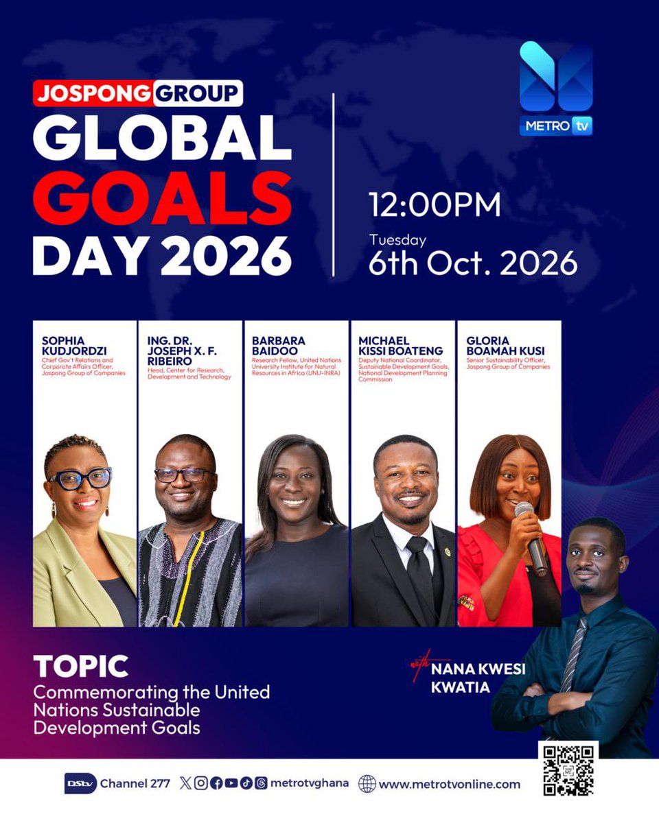 UNUINRA's tweet photo. Stay tuned!

Join our Research fellow, Barbara Baidoo and other experts on @metrotvgh as they reflect on Ghana’s SDG progress, remaining gaps and the collective action required from government,businesses, academia,civil society, the media &amp; citizens.

⏰12pm GMT

@thejospongroup https://t.co/Goa0wQzoOF