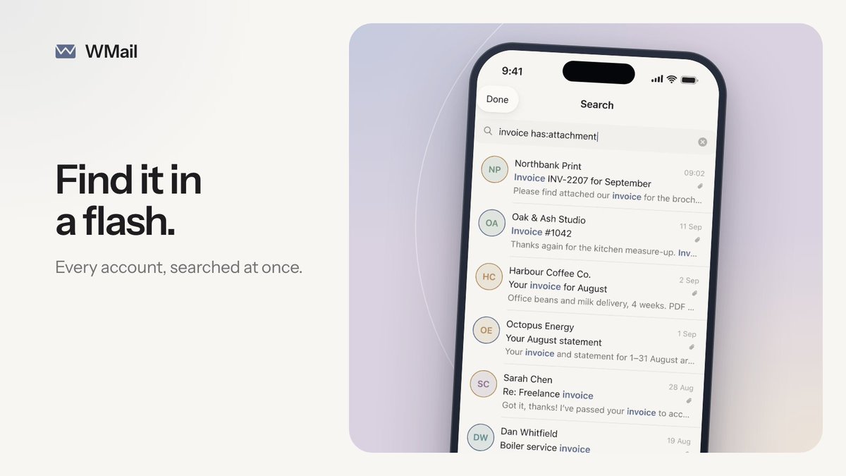 WMailApp's tweet photo. Looking for an email?

WMail searches across all your connected Fastmail accounts at once and shows results as you type.

Narrow it down with filters 🔍
from:, has:attachment or is:unread.

https://t.co/VcDsfdz09F https://t.co/y1aJWQ3OiE