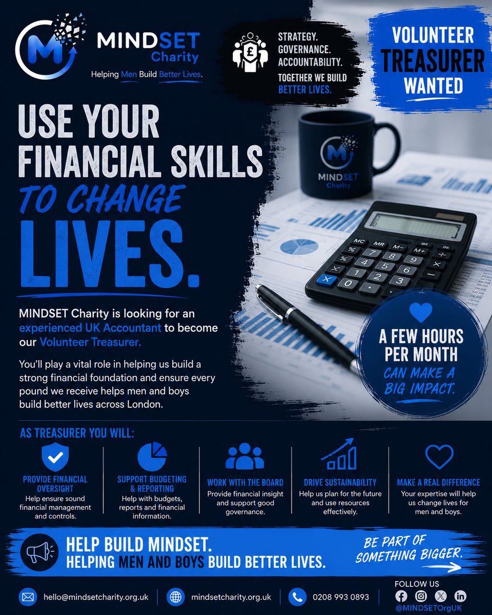 MINDSETOrgUK's tweet photo. JOIN TEAM MINDSET
VOLUNTEER
We’re on the look out for a Finance Trustee (Treasurer) to join our Board of Trustees and lead on the financial management of our start up charity in London.
Ⓜ️ Fully Hybrid
Ⓜ️ 4-8 Hours Per Month
Ⓜ️ Fully Flexible Role
#MINDSETCharity #FinanceTrustee https://t.co/m0pHUKDRwB