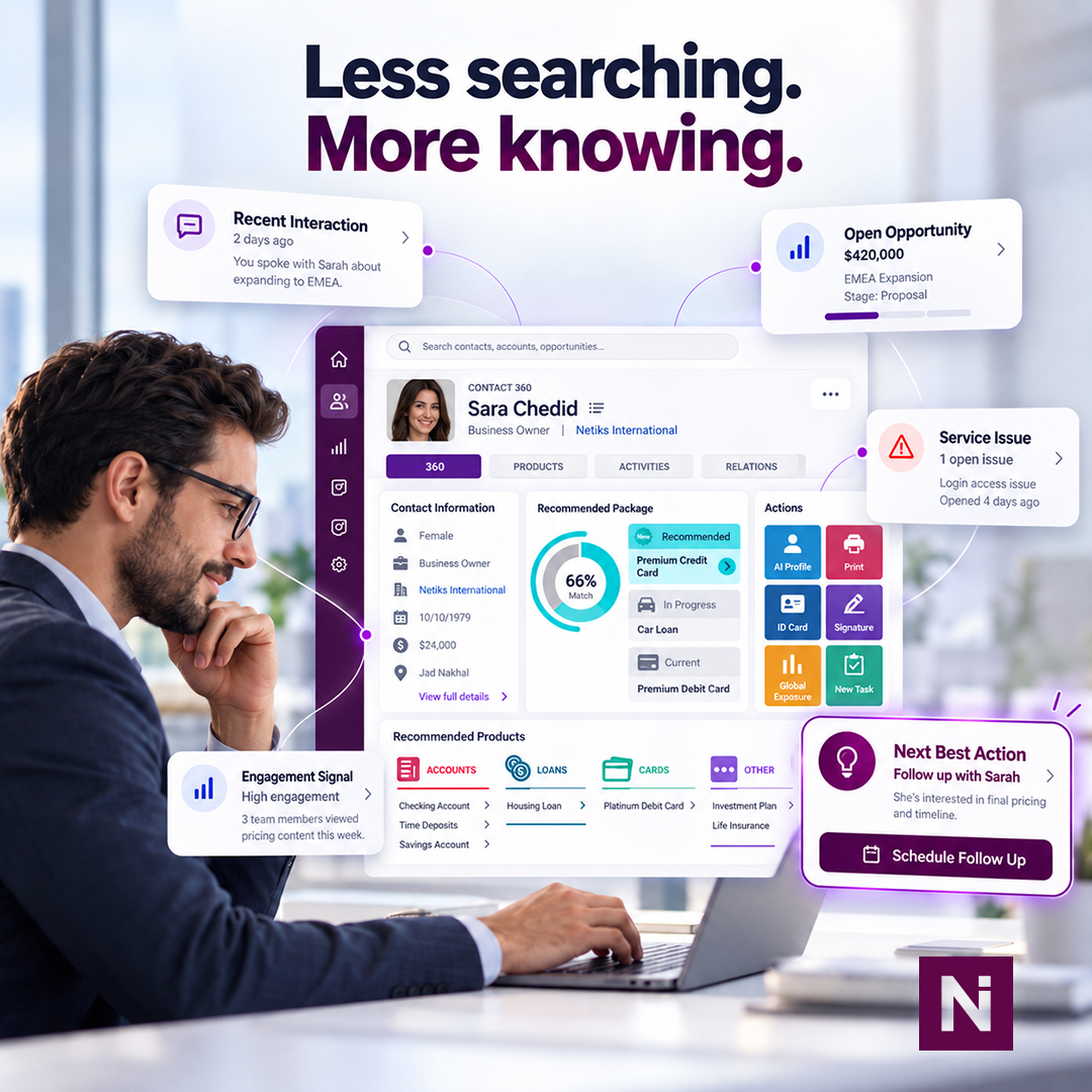 NetiksInt's tweet photo. Your #CRM shouldn’t make #Sales reps hunt for context.

Recent interactions. Open issues. Opportunities. Engagement. Next actions.

The right information should surface when it matters.

Less searching. More knowing.

#CX  #AI #MicrosoftDynamics365 #CustomerData https://t.co/aw66CjPxnK