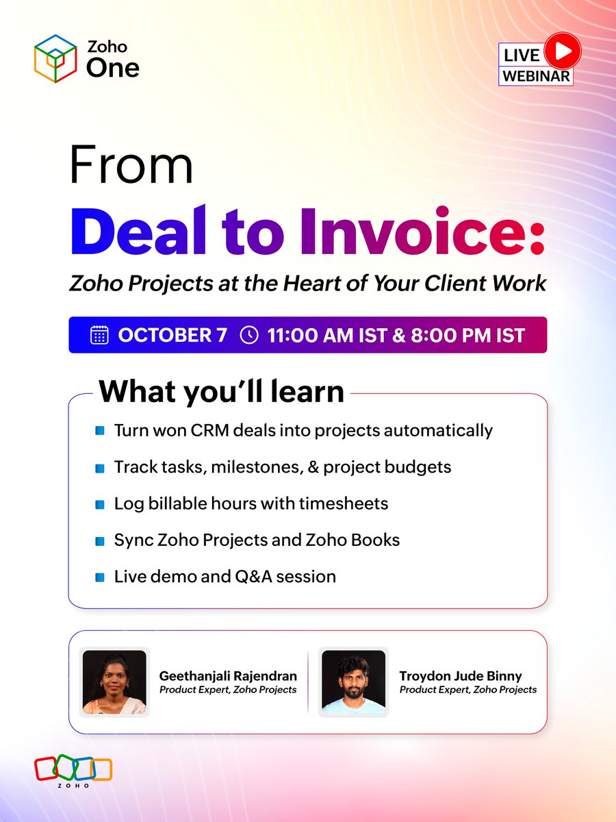 ZohoOne's tweet photo. A won deal shouldn't sit idle before work begins.

See how @ZohoProjects turns CRM deals into delivered work — tasks, budgets, and a path to invoicing in Zoho Books.

Register here: 
APAC, India, MEA, ANZ: https://t.co/Y4U52sUCsA 
EMEA &amp; the Americas: https://t.co/Ni0aCWx224 https://t.co/kROeqDuJT3