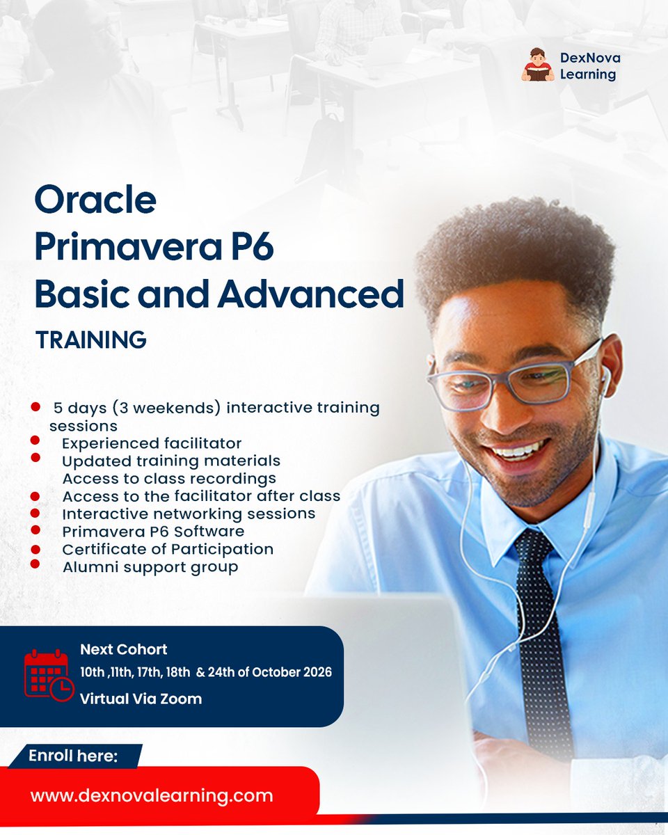 Dexlearning's tweet photo. Join us this Saturday for Primavera P6 Training.

📅 Starts Saturday, Oct. 10
💻 Live Virtual via Zoom
⏱️ 5 days of practical Basic &amp; Advanced training
📲 0703 927 3453 | 0706 222 0898

#PrimaveraP6 #ProjectPlanning https://t.co/luZlUKMjJw