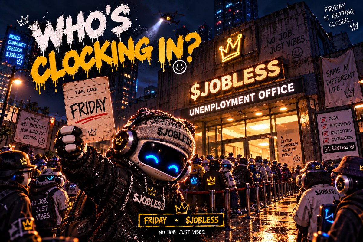 JoblessOnSolana's tweet photo. UNEMPLOYMENT OFFICE ROLL CALL. 🚨🤖

friday is getting closer…

no promises.
no suits.
no jobs. 💀

just a growing community ready to clock in.

WHO’S WITH $JOBLESS BEFORE FRIDAY? 👀

drop a 🤖 if you’re clocking in.

see you at the unemployment office.

FRIDAY. $JOBLESS. https://t.co/cUT1274oQ6