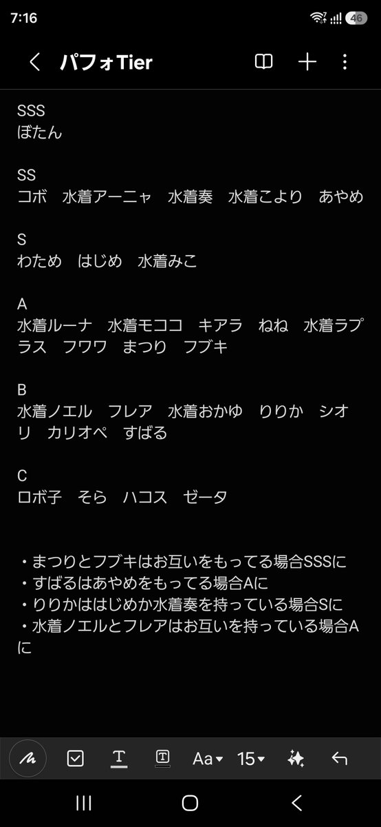 kr7322's tweet photo. ホロドリのTire表。
攻略サイトのはゴミ。ながれてくるのも意味分からんのが多いので作成しました。
一つのTireにまとめるのは無理なので3タイプで分けてあります。特定カードとのシナジーにより評価があがる場合は別途書いてます。
汎用性＋スキルの強さと発動感覚を重視してます。
基本的にSS以上のキャラは複数のキャラの最適編成に入るので持ってれば育てましょう。損はしません。
S-Bは使ってる衣装次第で評価がかわることも多々あるので参考までに。ただSのキャラは汎用性高めです。
Cは残念ながら現在の仕様では活躍できません。明確にパワー不足です。

編成に悩んでたりガチャの交換悩んでる人は自分の推しの衣装に対応してる表をみて、スキルのシナジーをみたす五人を上から順に選んでみてください。そんなに的外れなパーティーにはならないはずです。多分。

#ホロドリ