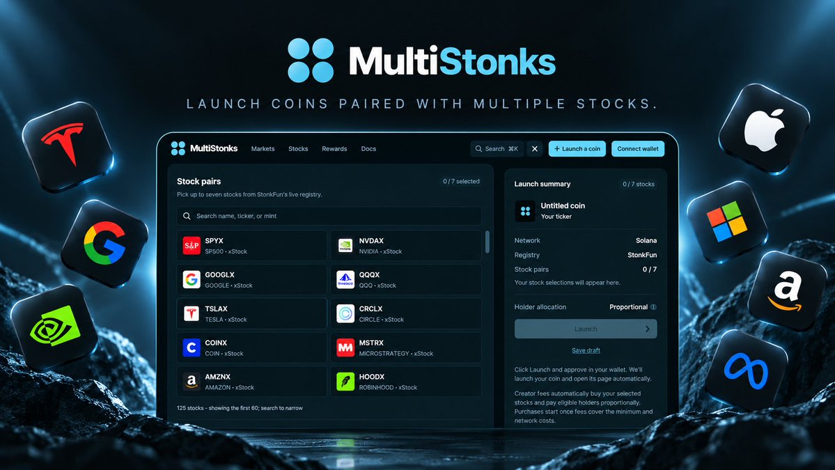 MultiStonksSF's tweet photo. We've noticed StonkFun had a major issue that was causing PVP: tokens couldn't be paired with multiple stocks.

We're here to solve that.

Launch tokens paired with up to 7 stocks via @MultiStonksSF.

https://t.co/ru10N4BJdO https://t.co/3klbZe80uM