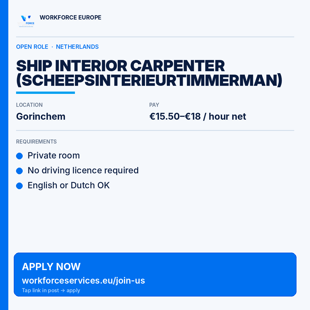 WorkforceEU's tweet photo. Looking for talent in NL

Ship Interior Carpenter (Scheepsinterieurtimmerman)
📍 Gorinchem · €15.50–€18 / hour net
🏠 Private room
🚗 No driving licence required
🗣 English or Dutch OK

More info &amp; apply: https://t.co/Zx8c0oiQcp

#JoinUs #WorkforceEurope #NLJobs #ApplyNow https://t.co/HogvyPARvV