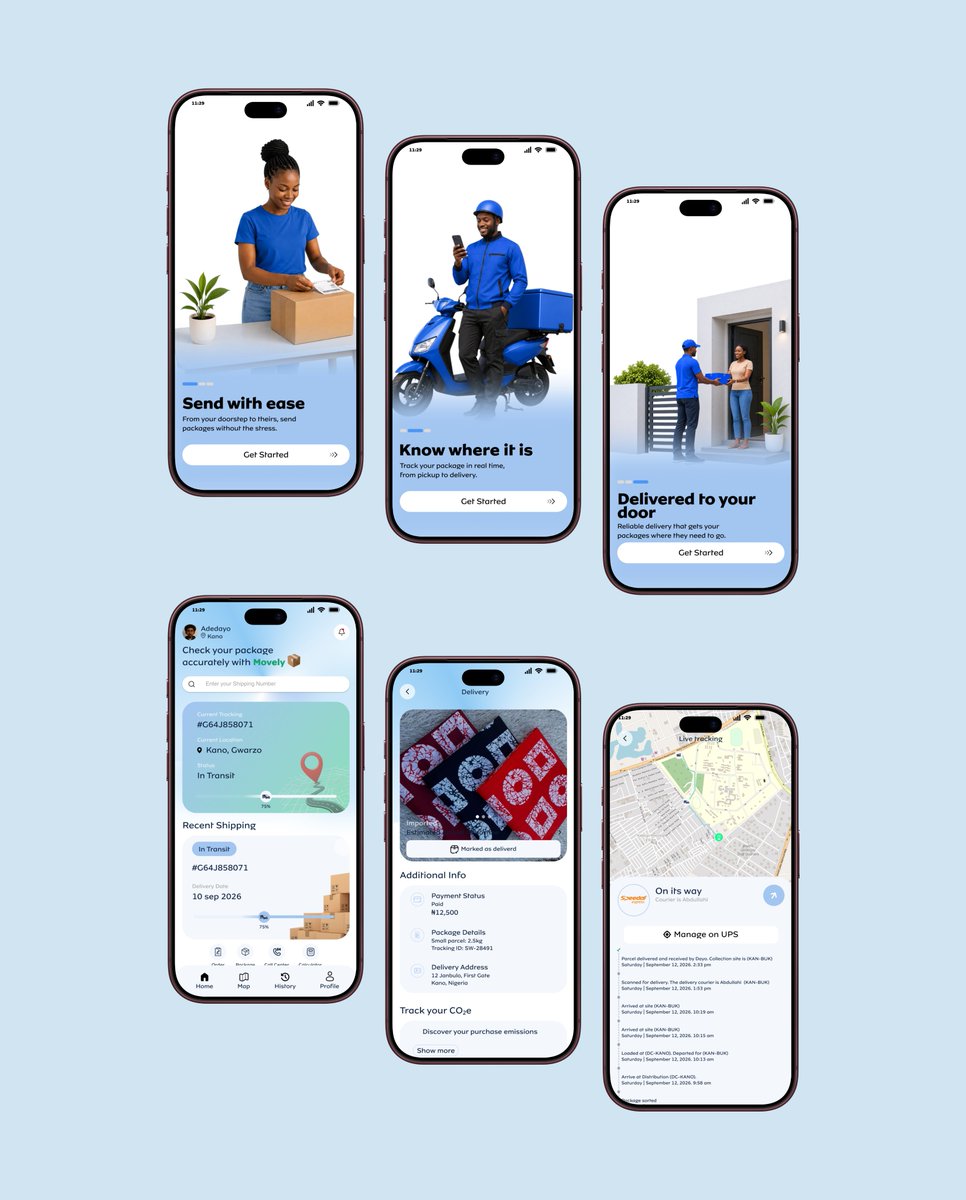uxwithdayo's tweet photo. Been exploring logistics and delivery UX lately. 📦🚚
So I created Movely,  a clean delivery experience focused on making every step feel simple, from sending a package to tracking it all the way home.
What do you think? 👀

#UIDesign #ProductDesign #Figma #logistic https://t.co/atjyDSAG6Z
