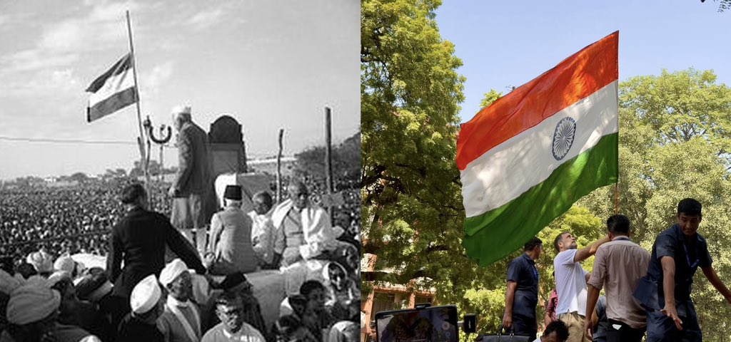 Mehboobp1's tweet photo. Literally getting goosebumps from the parallels 🔥 

Rahul Gandhi ji leading the struggle of independence from British Raj’s slaves. https://t.co/NRjg6Gawqv