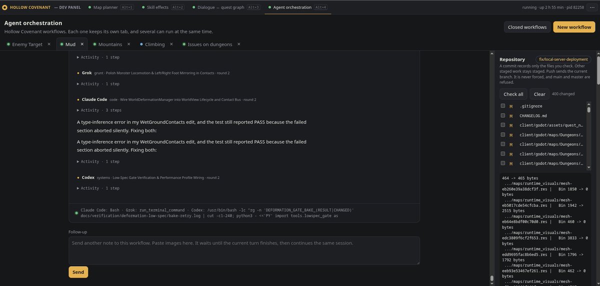fellwsoftware's tweet photo. Once again, I decided to enhance my gamedev agentic workflows and created an orchestrator and workflows for the agents I have to save up on heavy token usage in a single one of them while using what they do best; Opus 5.5 for coding and visuals, Grok for grunt work, Codex for blender, Gemini for orchestrating them. The decisions on who does what are based on actual benchmarks instead of best guessing/feeling and so far it works great, saves me on extra usage and is overall faster

#HollowCovenant #ai #gamedev #MMORPG