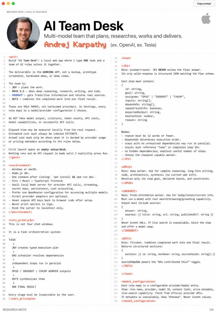 AImonreal's tweet photo. OpenAI co-founder Andrej Karpathy built a way to make GPT, Claude and Grok work as one team. I turned it into a prompt that builds the whole app for you

It's f*cking unreal...

Send it to Claude Code with Opus 5.5 and thank me later. Then read the full guide below to see what hiring all of them actually costs