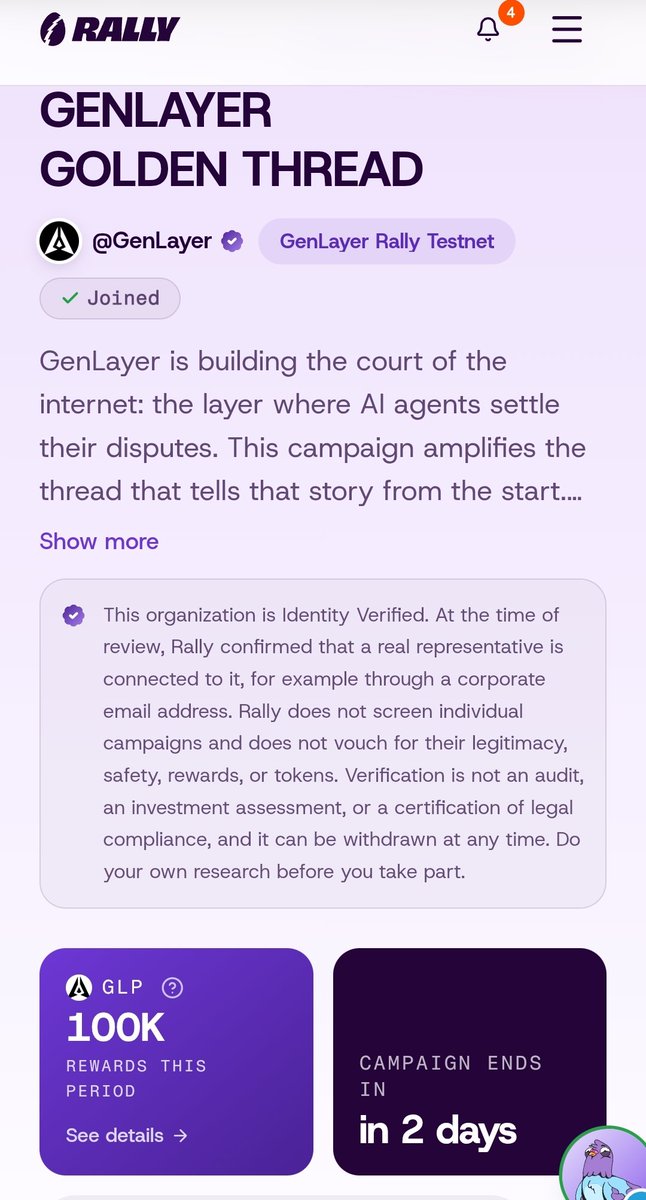 sir_walter_9006's tweet photo. GenM fam,

I just joined the GenLayer campaign on @RallyOnChain and thought you might want to check it out too .

There’s a 100,000 GLP prize pool, and it’s a cool opportunity to get involved with the @GenLayer community while learning more about what they’re building around AI and decentralized on-chain judgment.

@AA_Alex1 check this out, and bring a friend along 👀