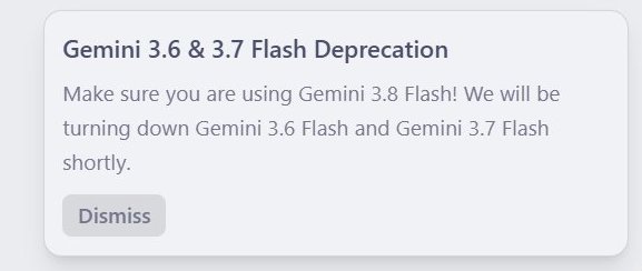 Underlying Antigravity notice metadata showing the Gemini 3.6 and 3.7 Flash deprecation entry with expirationDate 2026-10-06