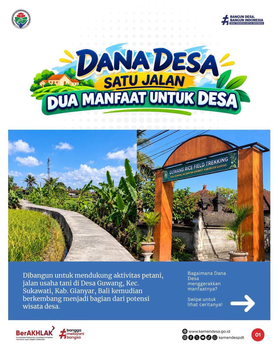 SelaluDesaBisa's tweet photo. Dengan dukungan Dana Desa, jalan 4 km dan menjadi bagian dari Guwang Rice Field Trekking yang dikelola BUM Desa dan turut berkontribusi terhadap PADes.
#KemendesPDT #BangunDesaBangunIndonesia
#DanaDesa https://t.co/4PmnACJ4lF