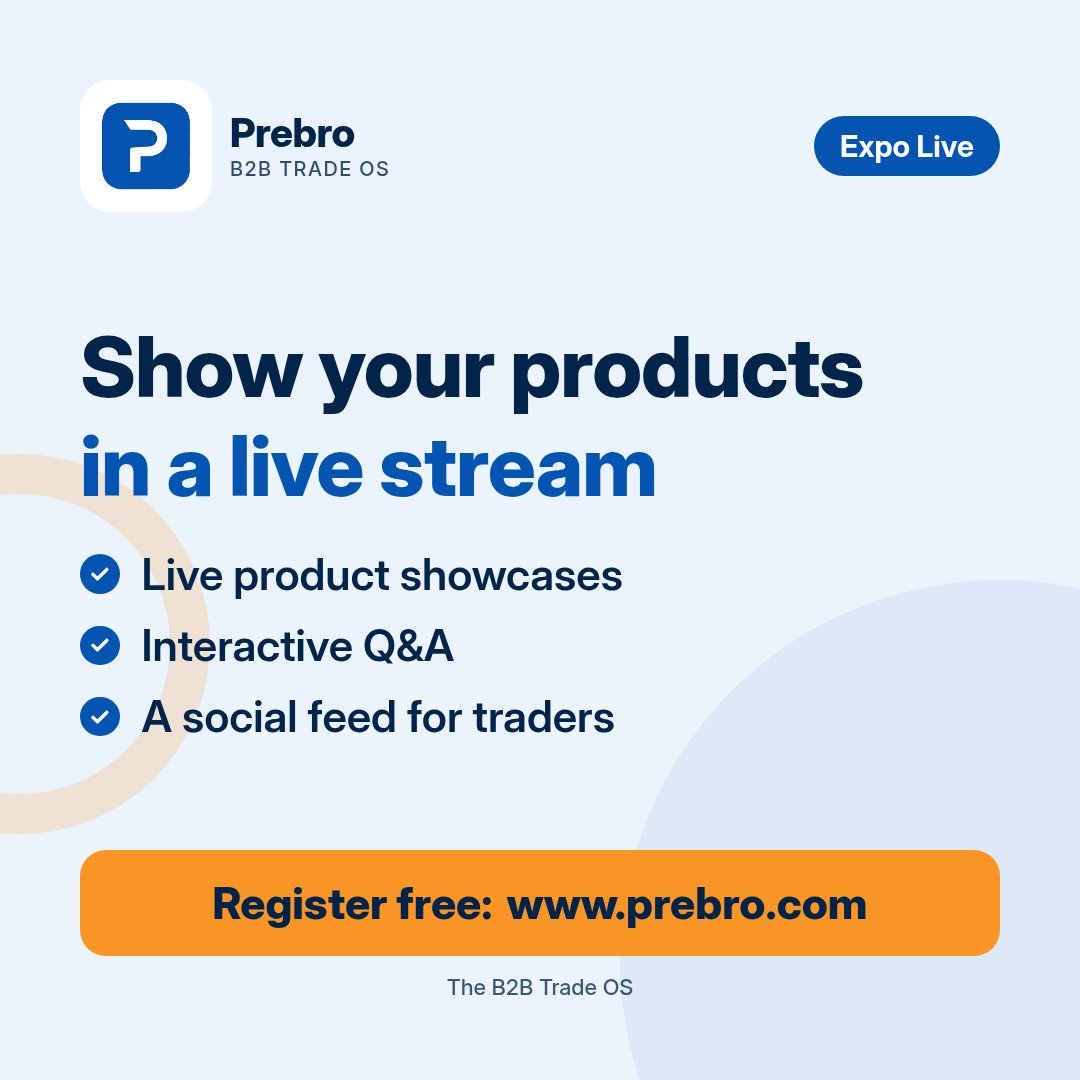 prebrocom's tweet photo. Go beyond static photos: show your product live.
With Expo Live on Prebro, run live product showcases, answer buyer questions in real time and engage the trade community in the social feed.
Register free: https://t.co/Cqt4qT3Vg4
#Prebro #ExpoLive #B2B #Trade https://t.co/fRNcLirlJB