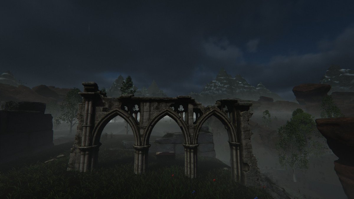fellwsoftware's tweet photo. Greywake has real mountains now 🏔️

• The crags and stone arch on Greywake's horizon looked more like a heap of boulders than mountains, so we replaced them. Snow-capped alpine ranges now rise to the north, east and west, with a second, paler range standing behind the first. Mist pools low in the valleys while the jagged peaks stay sharp against the sky. Tilt the camera up from the village to take in the whole skyline.
• The cliffs around the cave mouths in the Marches, Redoubt Hollow included, are solid rock now. Some were thin shells you could see into from the side or behind, and a stretched boulder covered hillside you could walk on, putting your camera inside the rock.

The picture shows the new northern range from the Vale, beyond a ruined arch.

#HollowCovenant #IndieGame