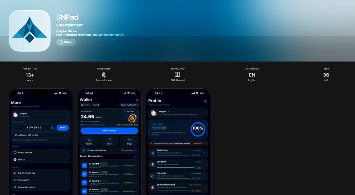 Shuarix's tweet photo. All crypto bros are looking for the same thing: a serious, legit and early project. What are they doing in order to find it? Nothing, that's the truth.

You not gonna see an early project on the timeline, if you think you found one... trust me, it's already late if it's here.

What I'm trying to say w that? My community knows I've been always a researcher taking a big part of my time looking for the next alpha. That's why I'm here today introducing you @SnpNetwork.

(gonna be only a short introduction cuz I know degens/traders don't want too read too much so I'm not trying to get anyone bored)

A thread 🧵👇

Content:
1⃣ About SNPad & ads
2⃣ Launch
3⃣ Mobile App

↶ ↷ ↶ ↷ ↶ ↷ ↶ ↷

1⃣ About SNPad & ads

You know that moment when your series cuts away for an ad and you reach for your phone? (we all did that atleast once)

That's the moment sponsors have been cashing in on that dead time forever, and you've never seen a cent of it (also lost your time watching 'em sometimes).

Let me ask you: are you tired of that gap? also want to earn some $? @SnpNetwork will be choosed to be into that gap, will serve you up w stuff that actually matches your taste (lets you tap into it from the couch) and sends up to 70% of what the sponsor pays straight to you.

2⃣ Launch

Like... why did nobody do this sooner? @SnpNetwork team working on it for several years and when I mean several years I mean no other project has spent so much time before launching the whole product working on it.

One of the reasons I'm still watching it. You may ask why now? What has changed? Everything changed.

On November 1st, @SnpNetwork gonna launch the final version of the product, the official one, that's why I insisted about being early.

Nobody is fully prepared for the launch day while ethereum:0x772358ef6ed3e18bde1263f7d229601c5fa81875 (the ecosystem token) is slowly making new support zones based only on announcements... remember that!

3⃣ Mobile App

From November 1st the game will start!

You can have your own army just because you've shared your referral code!

The flywheel it's insane to be honest!

a) For the advertiser: campaign setup → ADVERSE → ad distribution → SNPad TV

b) For the watcher: verification & tracking → rewards → SNP Layer → wallet → Ethereum bridge

All happening on your phone, of course after you've paired your TV w it!

Available right now on App Store & Google Play. That's where the magic happens!

First it's gonna be available to farm only in Romania, the country where the project (also the community) is based then it's gonna go worldwide.

Sharing it before everyone else cuz I love to be early and I love to give my community what it deserves.

Wanna test the ui/ux? Download "SNPad" from App Story/Google Play w the next code: TGQQ4LPS.

The romanian guys already preparing for what's about to come... if you not from Romania make sure to have an army already present, you can't miss an opportunity like this.