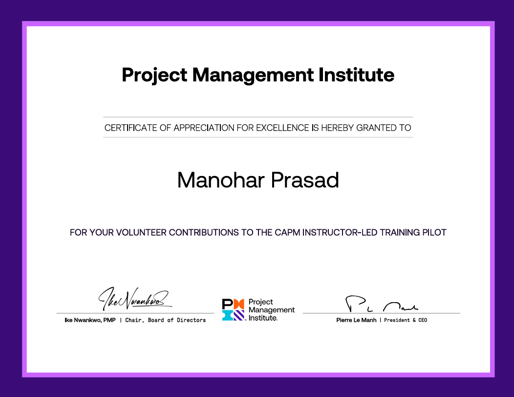 manoharprasadIN's tweet photo. I'm truly honored and grateful to receive appreciation from the Project Management Institute for my contribution as a #PMI Volunteer to the #CAPM Pilot. I am grateful for the opportunity to serve, contribute, learn, and continue supporting the global project management community. https://t.co/aCW6BeAIme