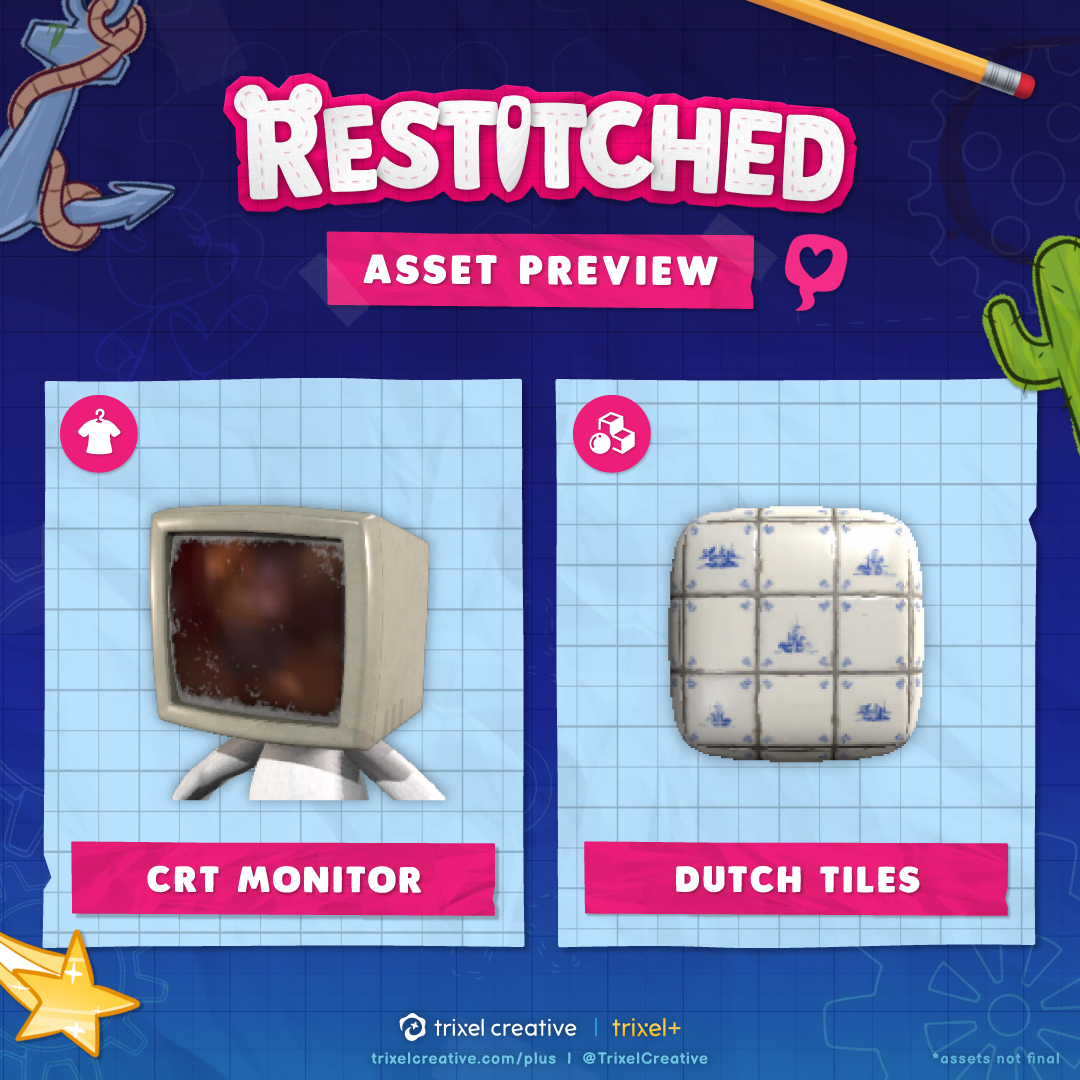 RestitchedGame's tweet photo. Check out these recent #Restitched Asset Previews! 💫They're first available on Patreon, then unlocked after 1 month.

👀 They offer a bite-sized look at the content you'll be able to use in the game... from Building Materials and Stamps to Cosmetics, Outfits, Props, and more! https://t.co/nz7UgK5HvF