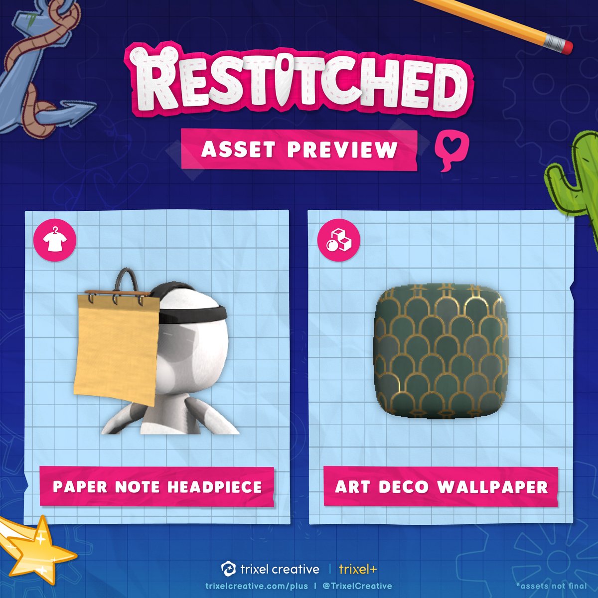 RestitchedGame's tweet photo. Check out these recent #Restitched Asset Previews! 💫They're first available on Patreon, then unlocked after 1 month.

👀 They offer a bite-sized look at the content you'll be able to use in the game... from Building Materials and Stamps to Cosmetics, Outfits, Props, and more! https://t.co/nz7UgK5HvF