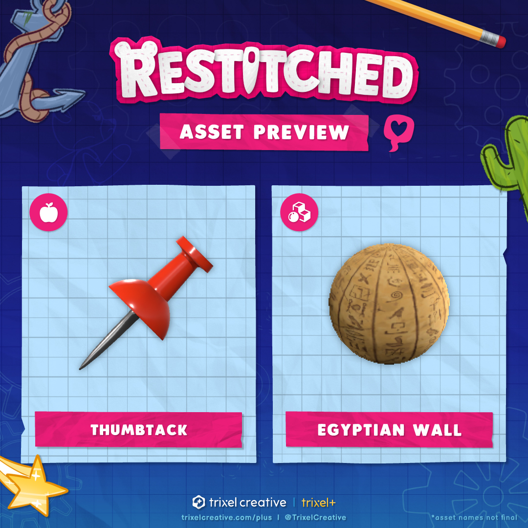 RestitchedGame's tweet photo. Check out these recent #Restitched Asset Previews! 💫They're first available on Patreon, then unlocked after 1 month.

👀 They offer a bite-sized look at the content you'll be able to use in the game... from Building Materials and Stamps to Cosmetics, Outfits, Props, and more! https://t.co/nz7UgK5HvF