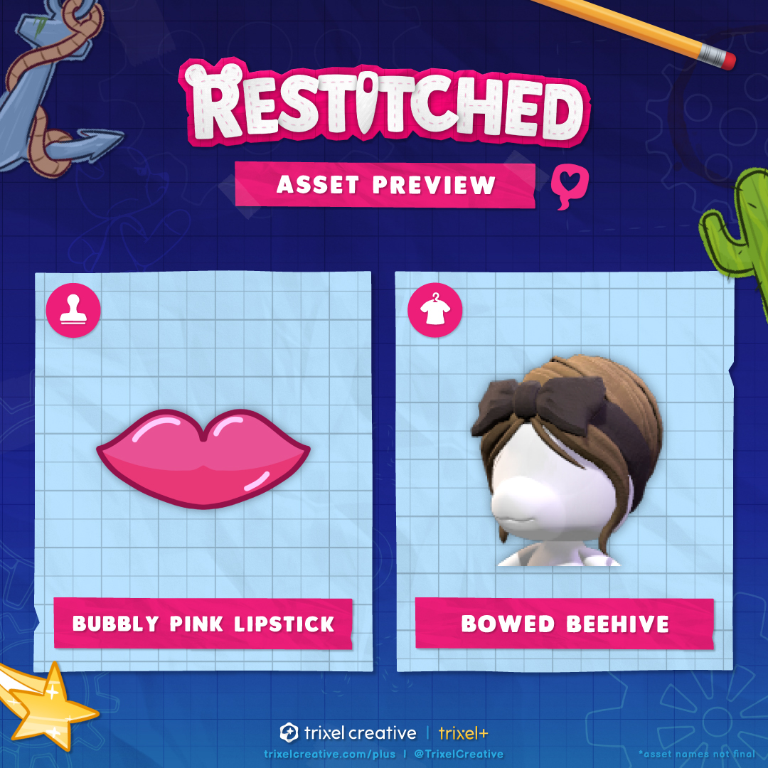 RestitchedGame's tweet photo. Check out these recent #Restitched Asset Previews! 💫They're first available on Patreon, then unlocked after 1 month.

👀 They offer a bite-sized look at the content you'll be able to use in the game... from Building Materials and Stamps to Cosmetics, Outfits, Props, and more! https://t.co/nz7UgK5HvF