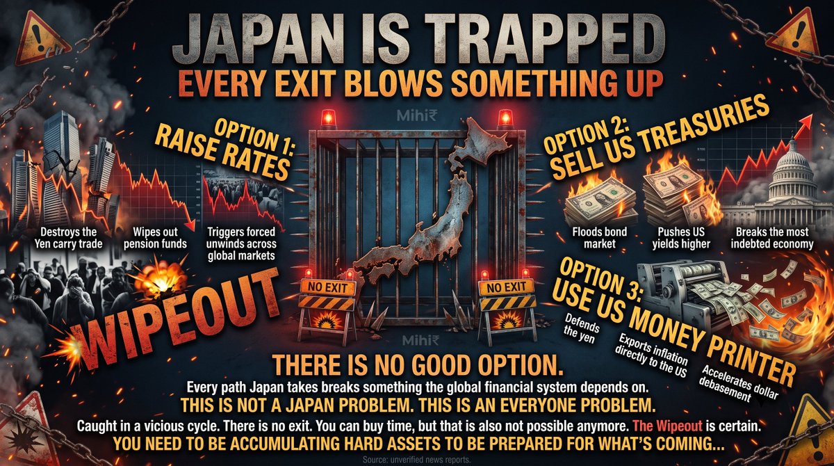 mihirm123's tweet photo. ๐จ THE INEVITABLE WIPEOUT: Why #Japan's Debt Trap is an EVERYONE Problem ๐๐ฅ
We are looking at a vicious cycle where time has run out, and the only defense is to prepare. Are your assets ready for what's coming?
#GlobalFinance #EconomyCrisis #HardAssets #FinancialFuture https://t.co/bfayxw5wM9