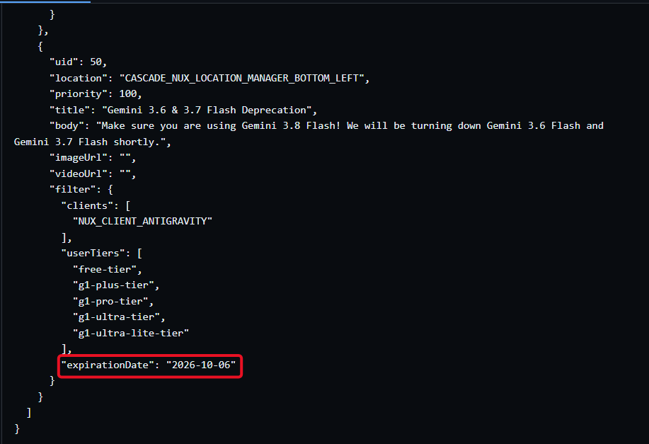 Antigravity deprecation card telling users Gemini 3.6 Flash and Gemini 3.7 Flash will be turned down shortly